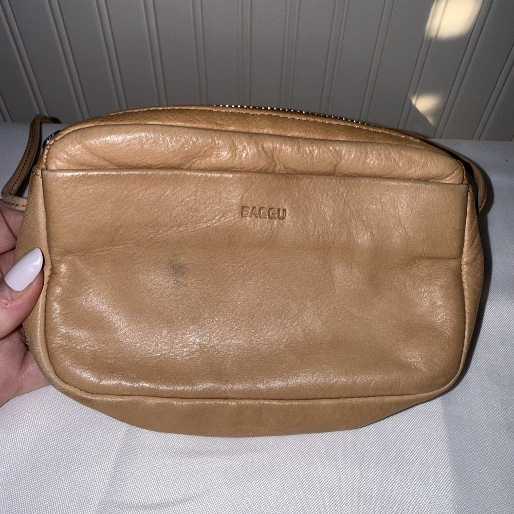 BAGGU 'Mini' Melon Small Leather Zip Top Crossbody Bag Purse Tan Brown